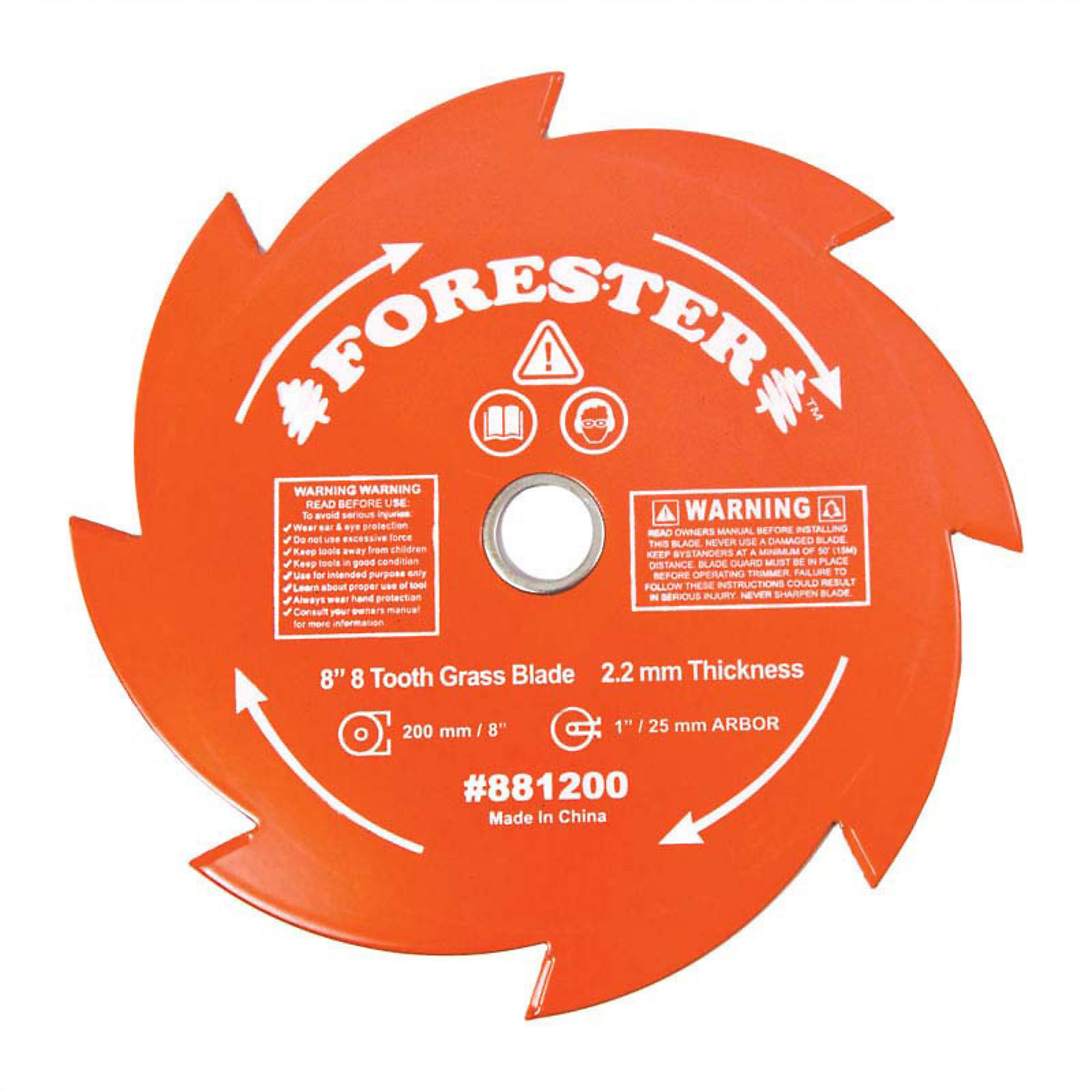 Forester 8" Grass Blade.  8 Tooth 8" x 1" Arbor, Excellent for Long Grass & Heavy Weeds, Fit Most Straight Shaft Trimmers & Brush Cutters, 881200